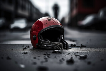 Results from a car and bike accident. Red broken helmet lies on the asphalt. Blurred backdrop. Generative AI.