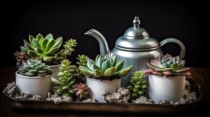 Teapot and succulents. Reusable use. Save nature, planet Earth. For your design