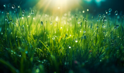 Emerald grass in the drops of water. Green plants after rain on sunny hour. Close up. Generative AI.