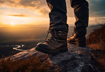 Unrecognized man wearing army boots stands on the rock. Mountain climber footwear close up. Sunset at backdrop. Generative AI.