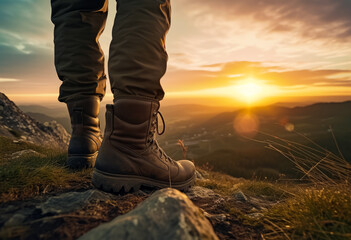 Hiker wearing brown jeans and boots stands on the rocky surface. Traveller watching the sunset at backdrop. Generative AI.