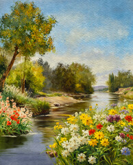 Watercolor paintings autumn landscape with a river, artwork,  vertical composition with space for text - 617890961