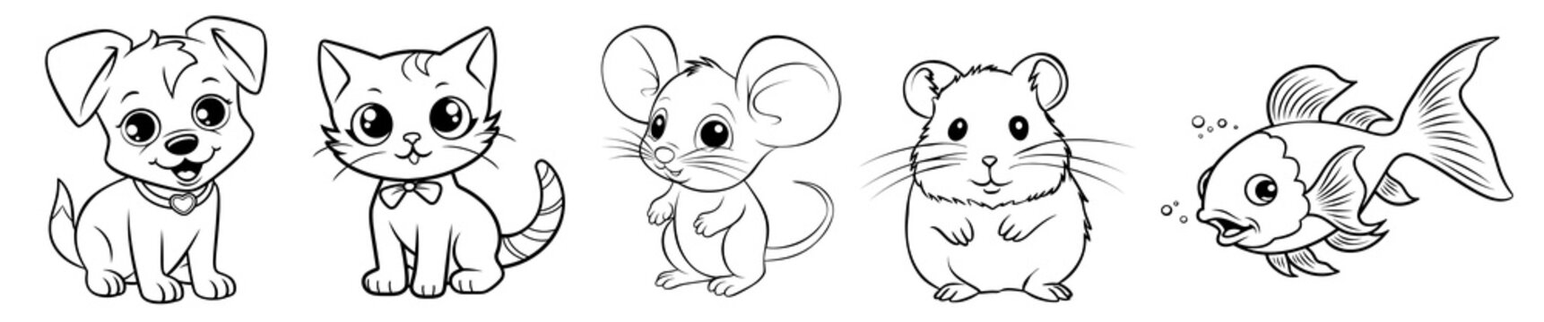 Pet animals - cute Dog puppy, Cat kitten, Mouse, Hamster and Fish, simple thick lines kids or children cartoon coloring book pages. Clean drawing can be vectorized to illustration. Generative AI