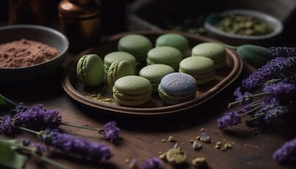 Obraz na płótnie Canvas French gourmet macaroon dessert with purple flower aroma and freshness generated by AI