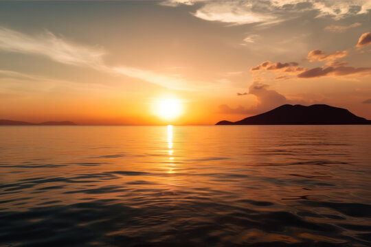 Beautiful sunset over the calm sea. Horizon with islands silhouettes. Cloudy evening sky. Golden hour.