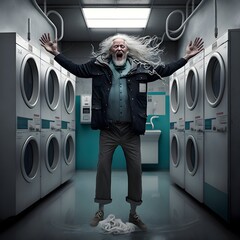 a middle aged man with waist length wavy white hair a waist length braided beard wearing a full length tattered dark coat Arms outstretched holding an iPod towards the camera Laundromat interior  - obrazy, fototapety, plakaty