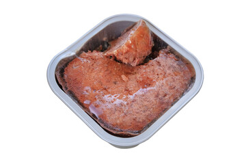 Pate for cats and dogs in metal container. Conserved nutrition. Container isolated on a white background. Top view.