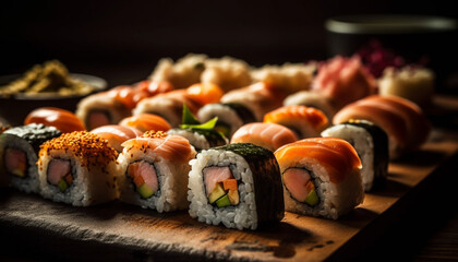 Fresh seafood plate with maki sushi, sashimi, and nigiri generated by AI