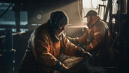 Two caucasian males in protective workwear welding metal in workshop generated by AI - obrazy, fototapety, plakaty