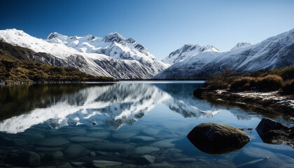 Fototapeta na wymiar Tranquil scene of snowcapped mountain peak reflected in icy water generated by AI