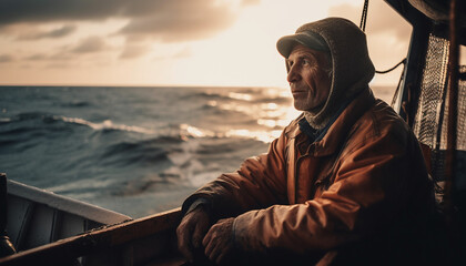 Fototapeta premium One man sailing on a sailboat, working in the sunlight generated by AI