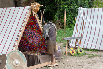 military tent and soldier clothing from the time of the ancient roman empire