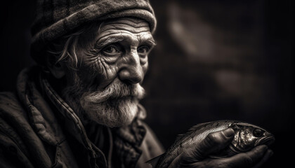 Senior man with beard smiling at camera in nature portrait generated by AI