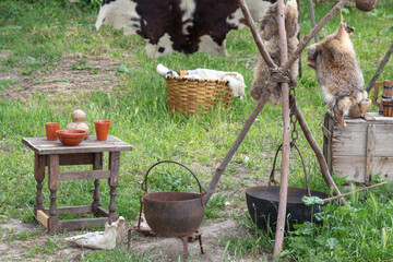 kitchen utensils and household goods in a camp from the time of the ancient roman empire