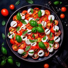 Caprese salad with tomato, mozzarella and basil, top view. AI Generative.