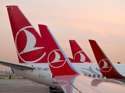 Turkish Airlines jets at the terminal in Istanbul.