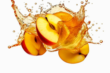 Fototapeta na wymiar apple slices plus orange liquid color splash on isolated white. Generative ai