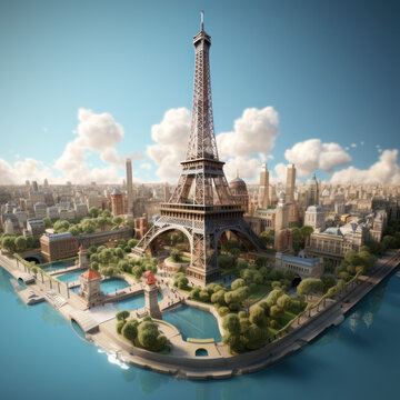 Eiffel tower in a fictional Paris.  Generated by artificial intelligence.