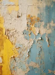 Acrylic prints Old dirty textured wall Peeled cracked painting with blue yellow gold white