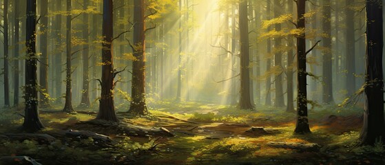 An oil painting background depicting a peaceful forest scene with tall, majestic trees and dappled sunlight filtering through the foliage. Wallpaper texture. Generative AI. 