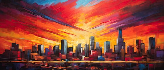 Fototapeta na wymiar An oil painting background featuring an abstract interpretation of a city skyline at dusk, with vibrant, bold strokes of color capturing the urban energy. Wallpaper texture. Generative AI. 