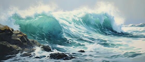 An oil painting background featuring an abstract interpretation of swirling waves crashing against rugged cliffs, capturing the raw power of the ocean. Wallpaper texture. Generative AI. 