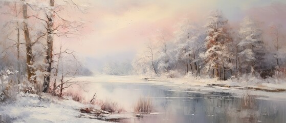 Obraz na płótnie Canvas An oil painting background portraying a serene winter landscape, with snow-covered trees, a frozen lake, and soft, muted colors evoking a sense of tranquility. Wallpaper texture. Generative AI. 