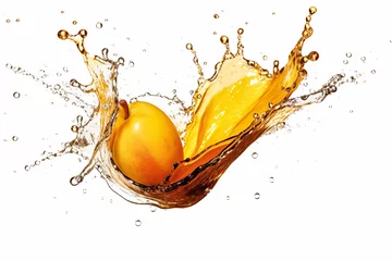 Poster Mango pieces plus orange liquid color splash on isolated white. Generative ai © 92ashrafsoomro
