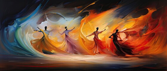  An oil painting background showcasing an abstract interpretation of a dance performance, with flowing lines and expressive brushstrokes capturing the movement and grace. Wallpaper. Generative AI.  - obrazy, fototapety, plakaty