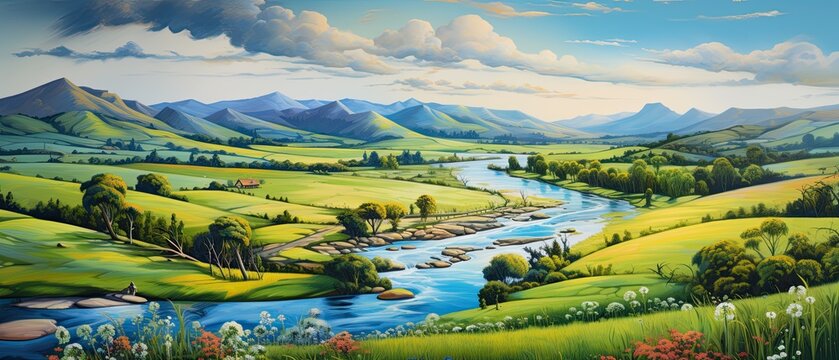 An oil painting background depicting a serene countryside landscape with rolling hills, vibrant meadows, and a winding river. Wallpaper texture. Generative AI. 