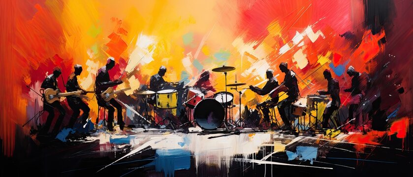 An oil painting background featuring an abstract interpretation of a musical performance, with vibrant colors and dynamic brushstrokes capturing the energy of the music. Wallpaper. Generative AI. 