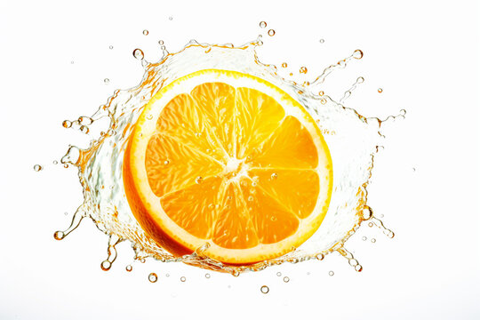 orange slices plus orange liquid color splash on isolated white. Generative ai