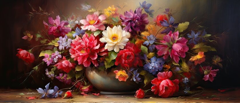 An oil painting background showcasing a vibrant still life composition of colorful flowers in a vintage vase, capturing their delicate beauty. Wallpaper texture. Generative AI. 