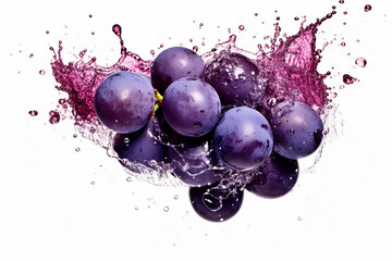 purple grape plus purple liquid color splash on isolated white. Generative ai