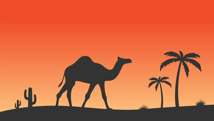desert silhouette with camel cactus and date trees desert sunset landscape vector design 