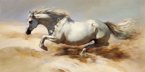 Illustration of a horse running in full gallop, generative AI