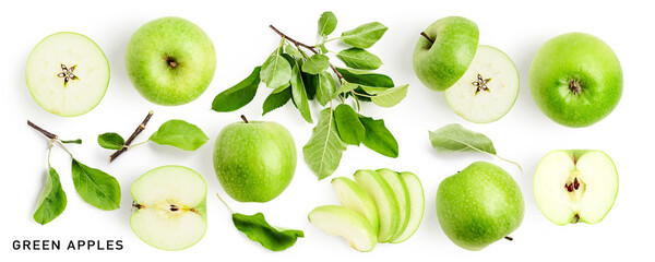 Green apple fruits and leaves collection isolated.