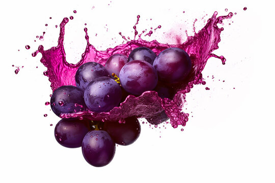 purple grape plus purple liquid color splash on isolated white. Generative ai