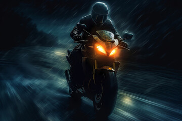 motorcycle in the night on wet road. generative ai