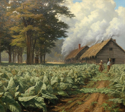 Retro image of tobacco plantation and farmers..