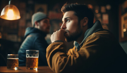 Obraz premium Two young adult males enjoying beer at a cozy pub generated by AI