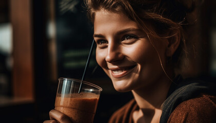 Smiling young adult woman holding coffee cup outdoors with confidence generated by AI
