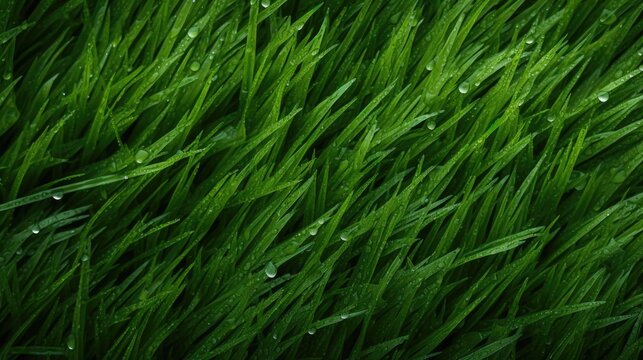Juicy lush green grass on meadow with drops of water dew in morning light in spring summer outdoors close-up macro, panorama. Beautiful artistic image of purity and freshness of nature