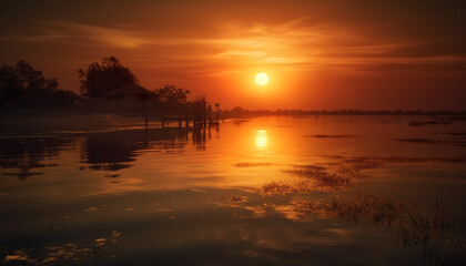 Fototapeta na wymiar Golden horizon reflects tranquil dusk over serene water and nature generated by AI