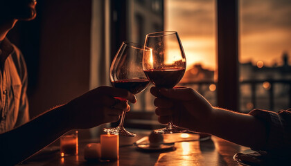 Naklejka premium Two adults holding wine glasses enjoy a celebratory toast indoors generated by AI