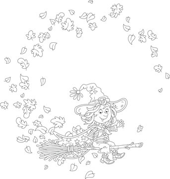 Happy little witch with a big hat and a cloak with stars flying on her magic broom through falling and swirling autumn leaves, black and white vector cartoon illustration for a coloring book
