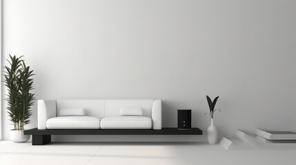 Minimal interior living room.Black and white furniture in white room with plant.3d rendering