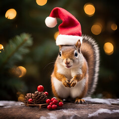 Fototapeta na wymiar Eichhörnchen mit Weihnachtsmütze, Weihnachten, Squirrel
