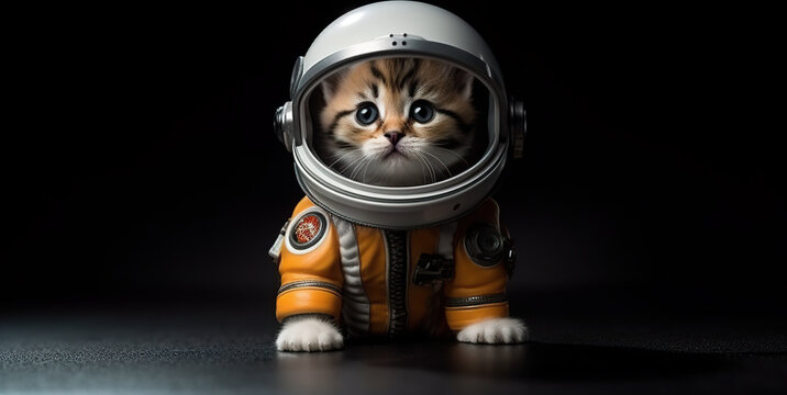 A cat wearing a space suit sitting on a table. Generative AI.