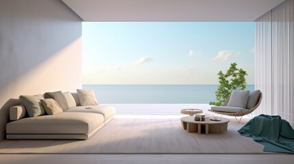 Fototapeta na wymiar Minimal style modern living room with sea view.3d rendering